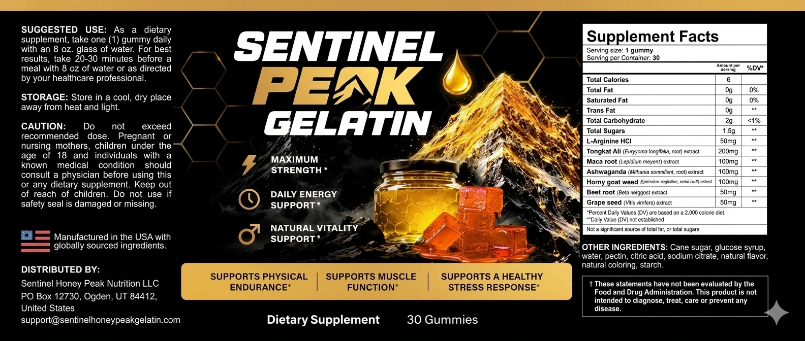 Sentinel Honey Peak Gummies ingredients and supplied Supplement Facts label